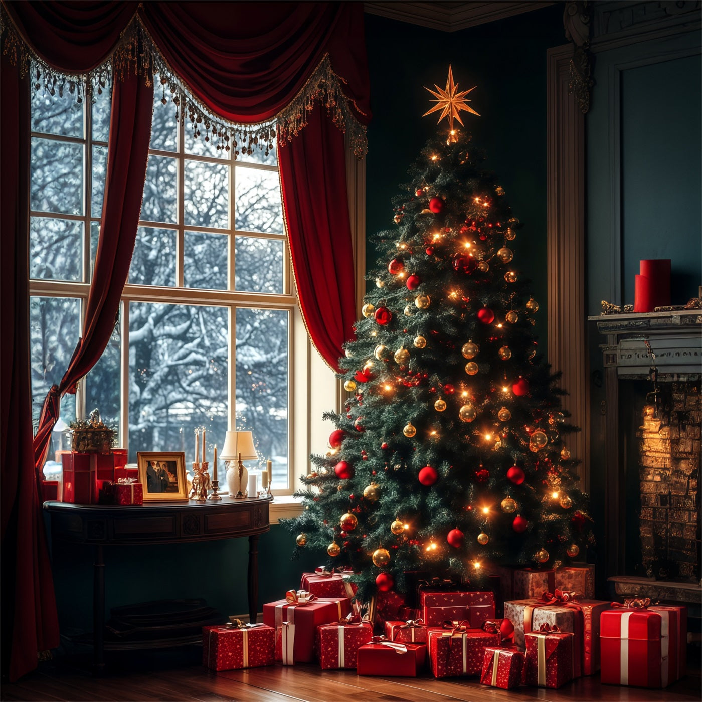 Christmas Tree Photo Backdrop Evergreen Tree Window Glow Christmas Backdrop RR68-61