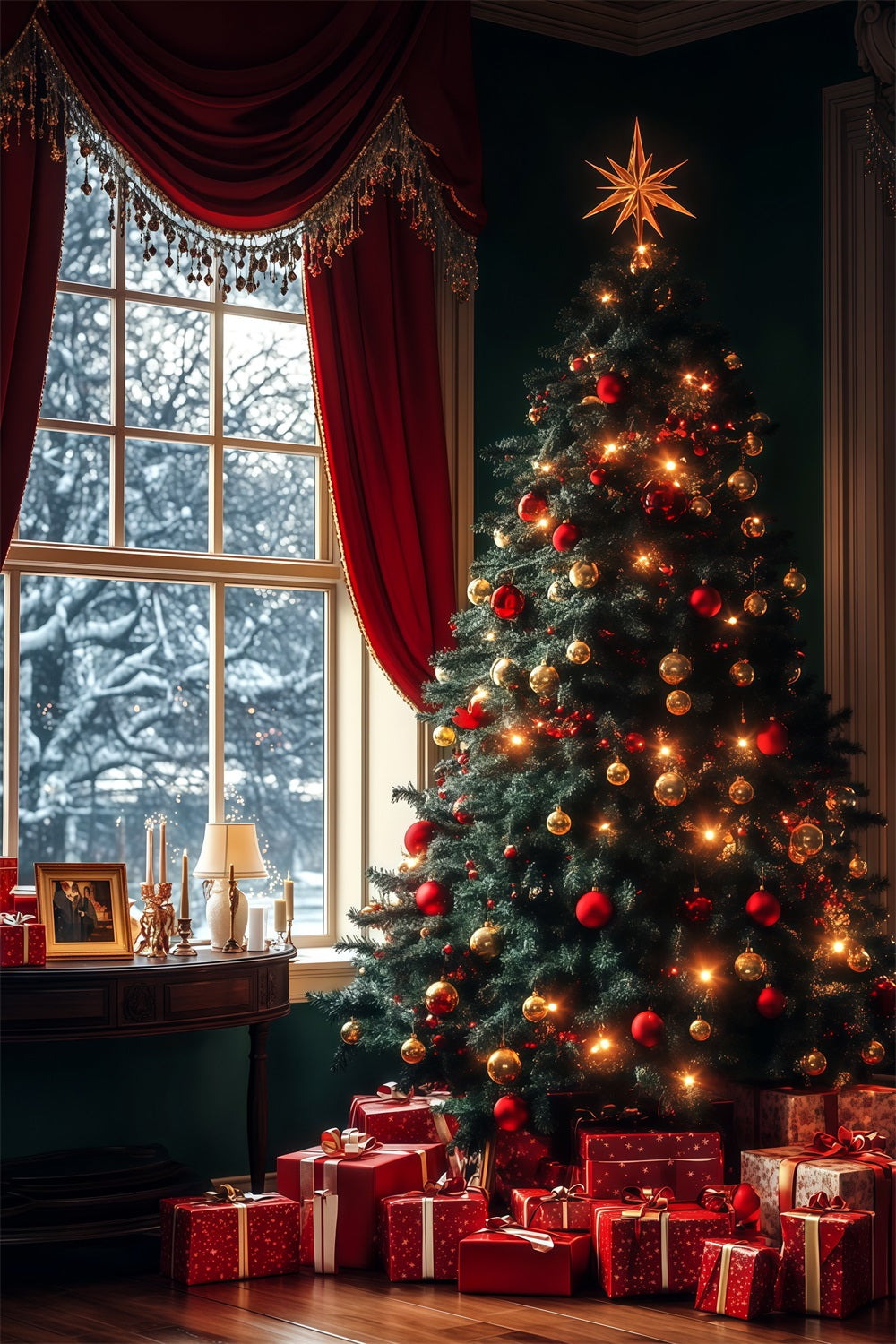Christmas Tree Photo Backdrop Evergreen Tree Window Glow Christmas Backdrop RR68-61