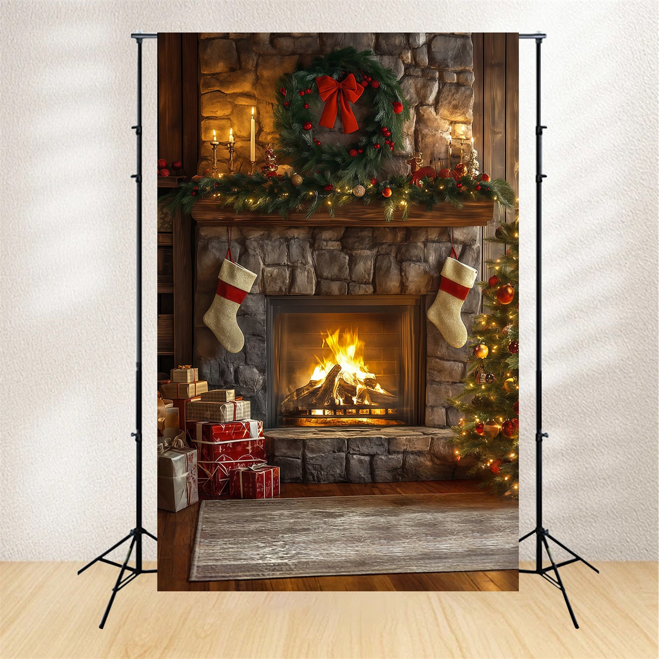 Christmas Fireplace Backdrop Stone Fireplace Garland Decor Christmas Backdrops RR68-62