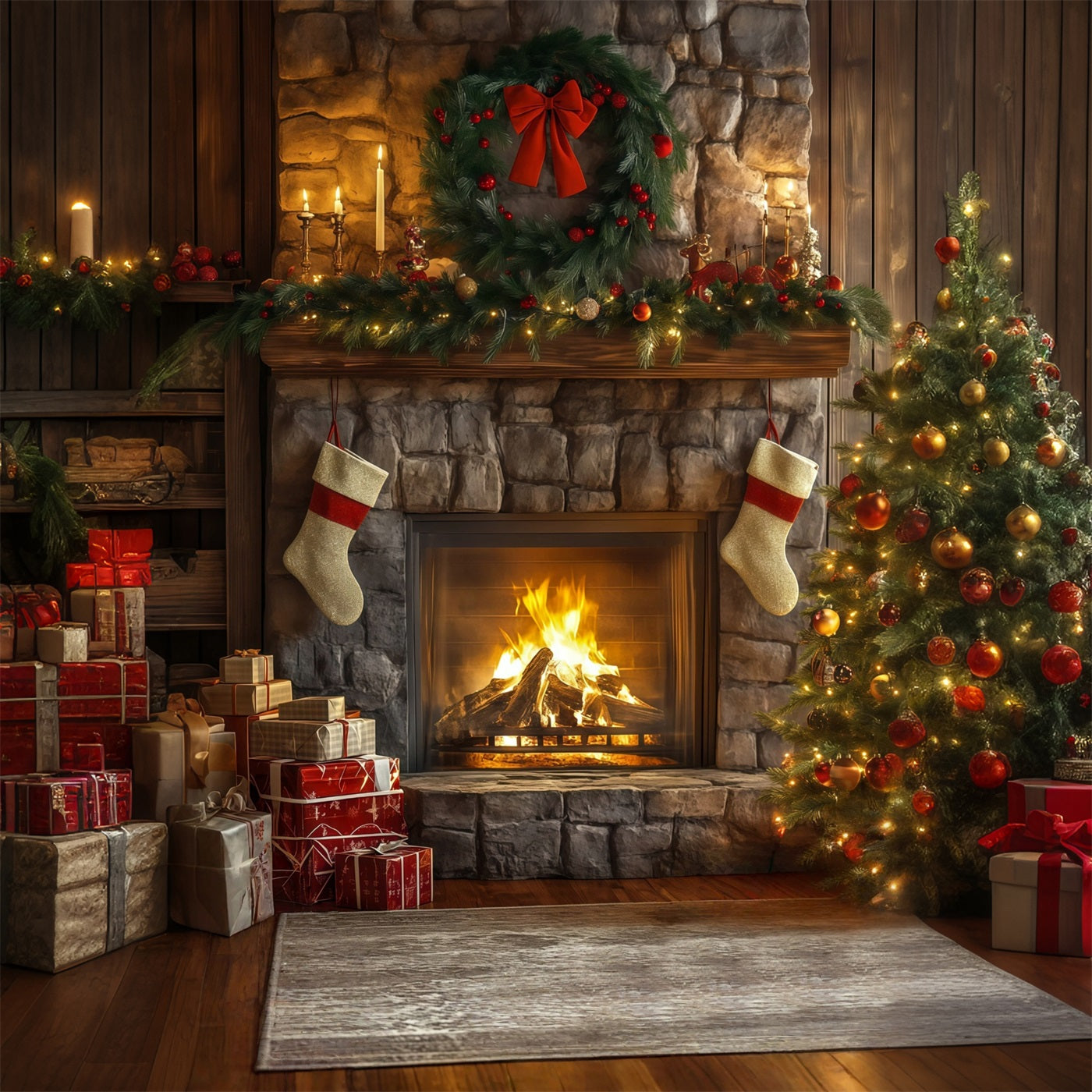 Christmas Fireplace Backdrop Stone Fireplace Garland Decor Christmas Backdrops RR68-62