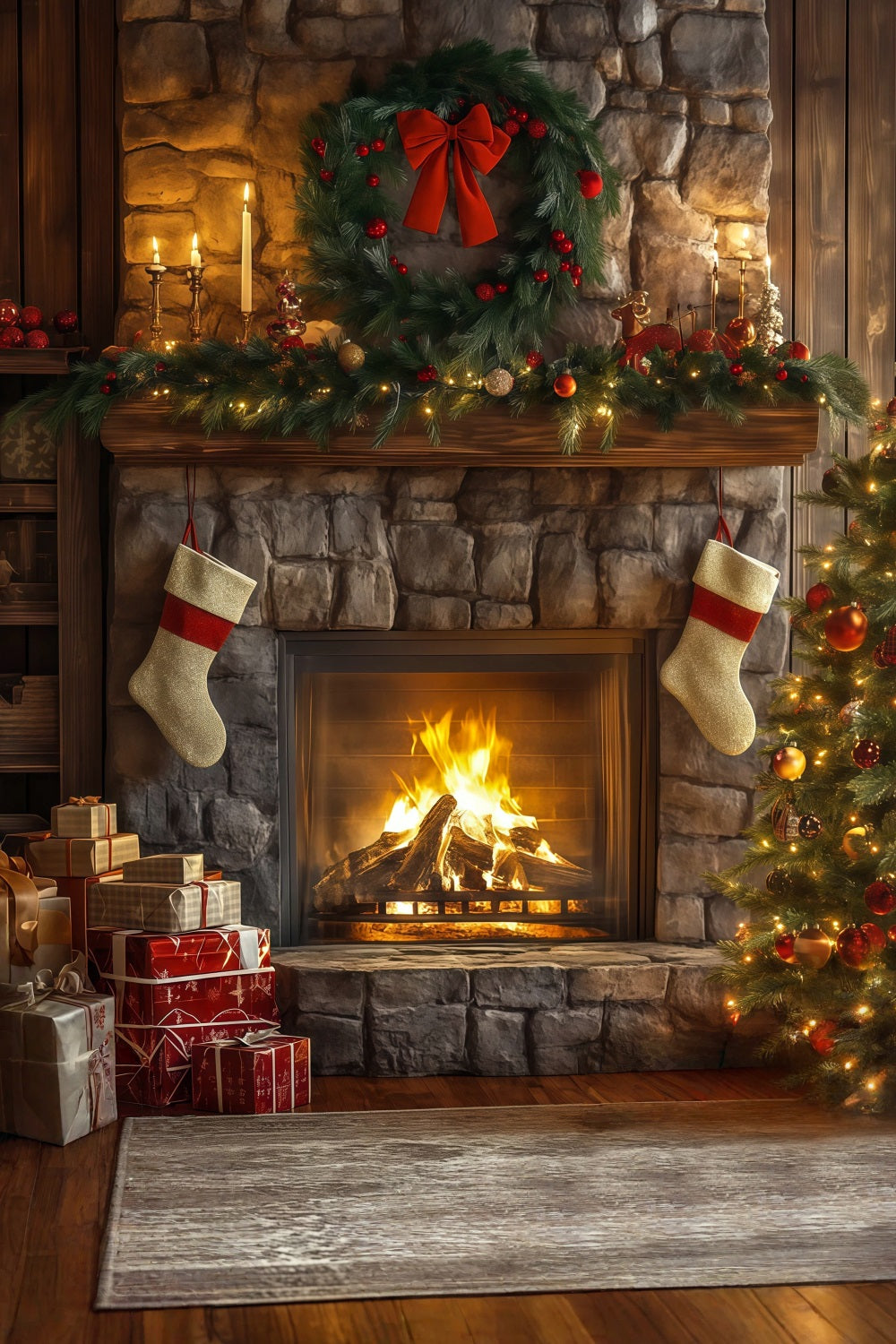 Christmas Fireplace Backdrop Stone Fireplace Garland Decor Christmas Backdrops RR68-62