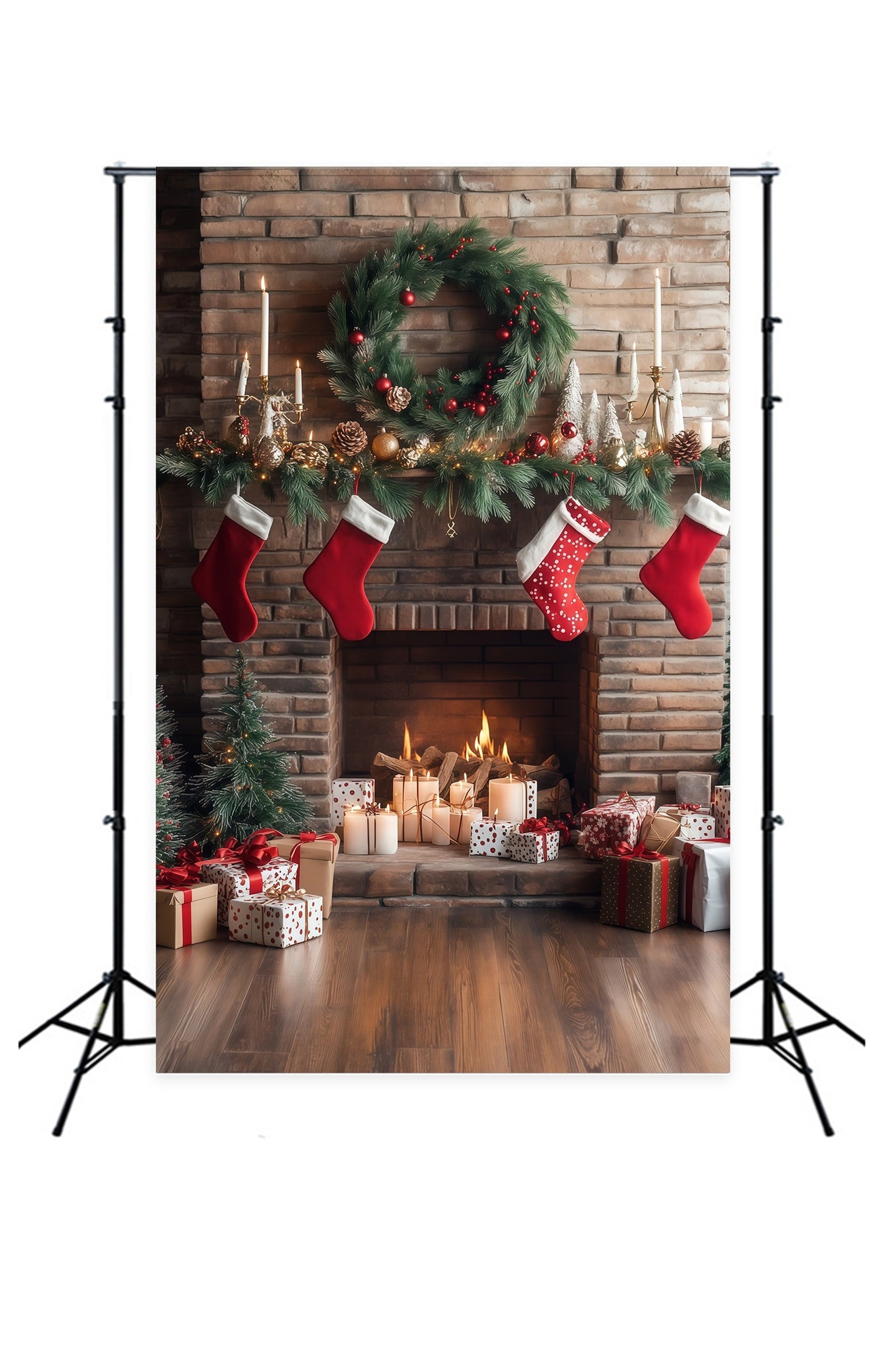 Fireplace Backdrop Christmas Brick Stockings Display Christmas Photo Backdrop RR68-63