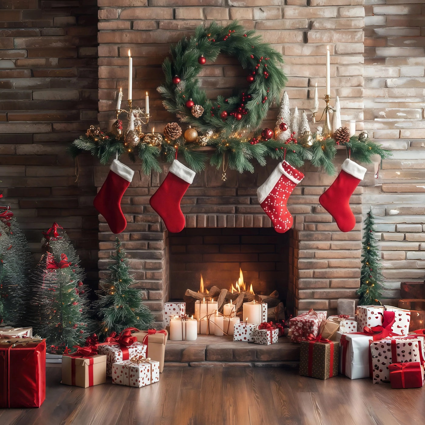 Fireplace Backdrop Christmas Brick Stockings Display Christmas Photo Backdrop RR68-63