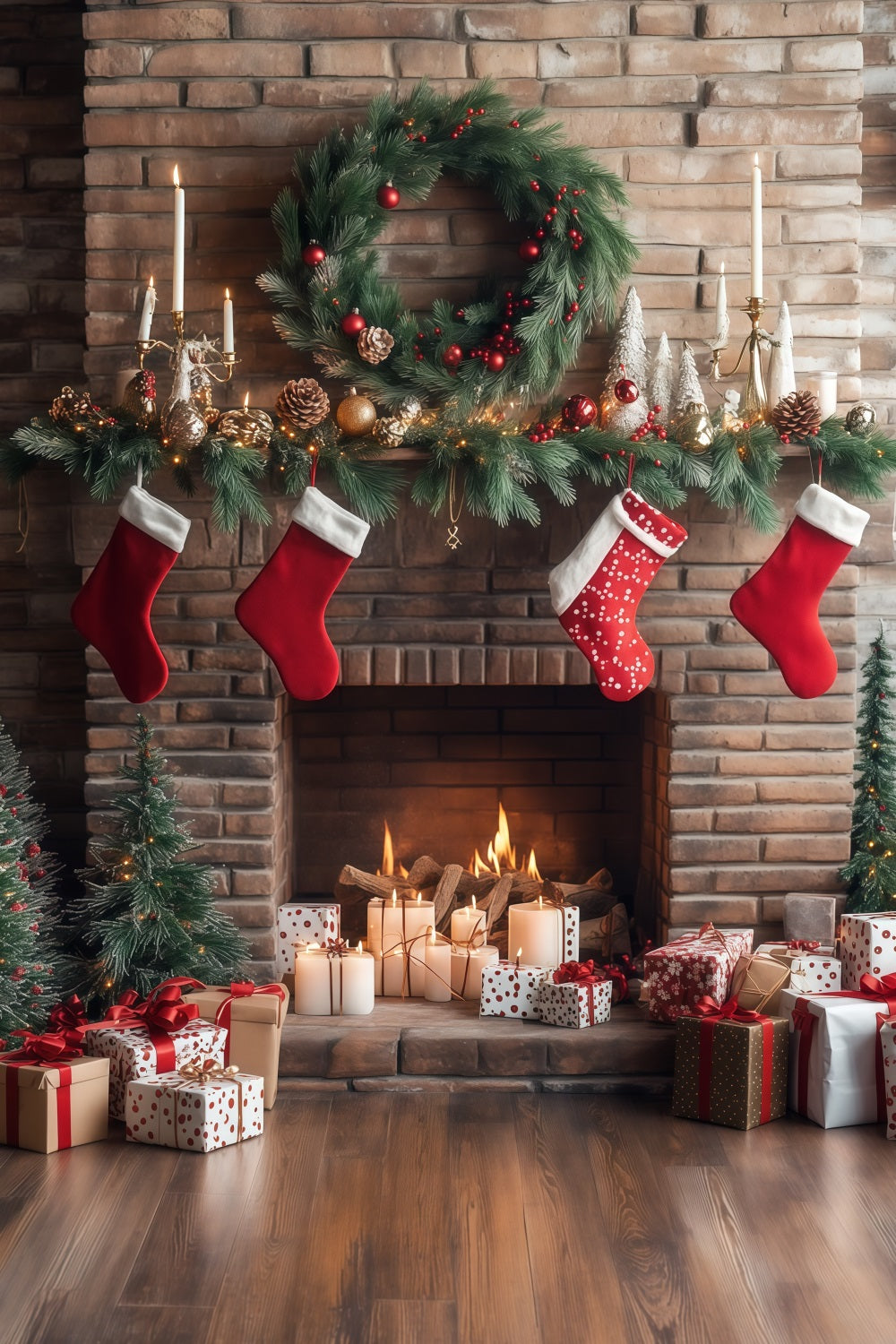 Fireplace Backdrop Christmas Brick Stockings Display Christmas Photo Backdrop RR68-63