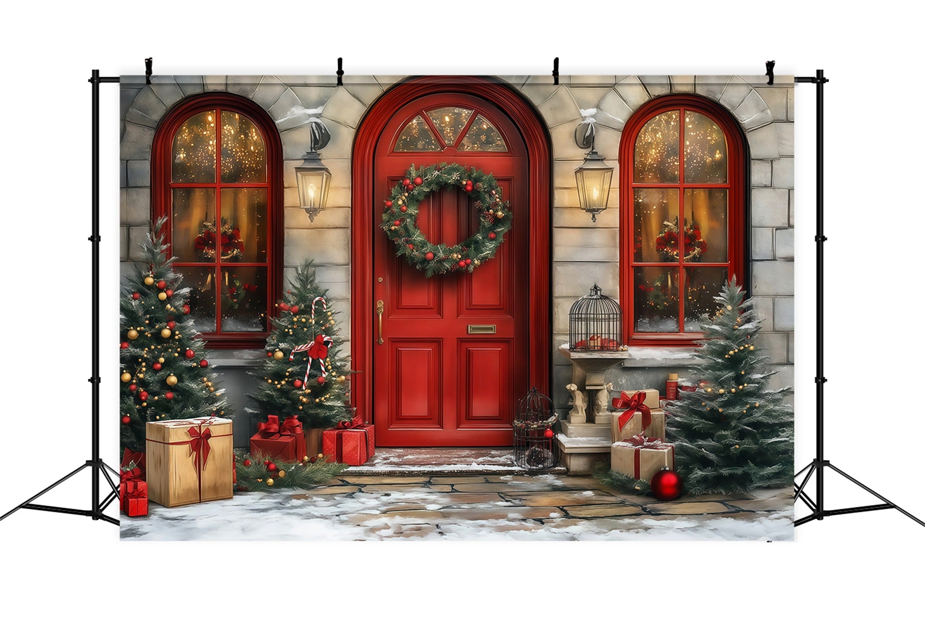 Christmas Door Backdrop Red Door Wreath Entrance Christmas Photo Backdrops RR68-64