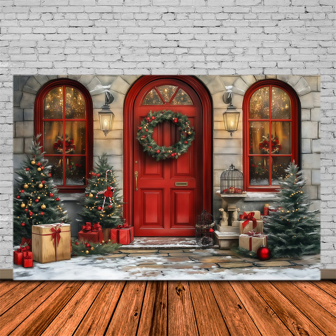 Christmas Door Backdrop Red Door Wreath Entrance Christmas Photo Backdrops RR68-64