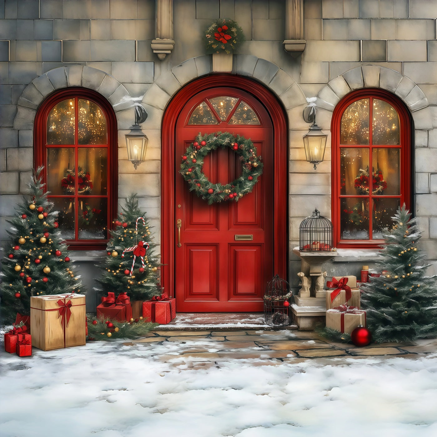 Christmas Door Backdrop Red Door Wreath Entrance Christmas Photo Backdrops RR68-64