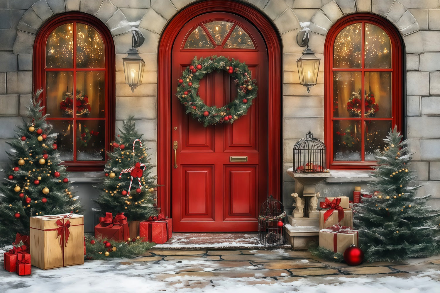 Christmas Door Backdrop Red Door Wreath Entrance Christmas Photo Backdrops RR68-64