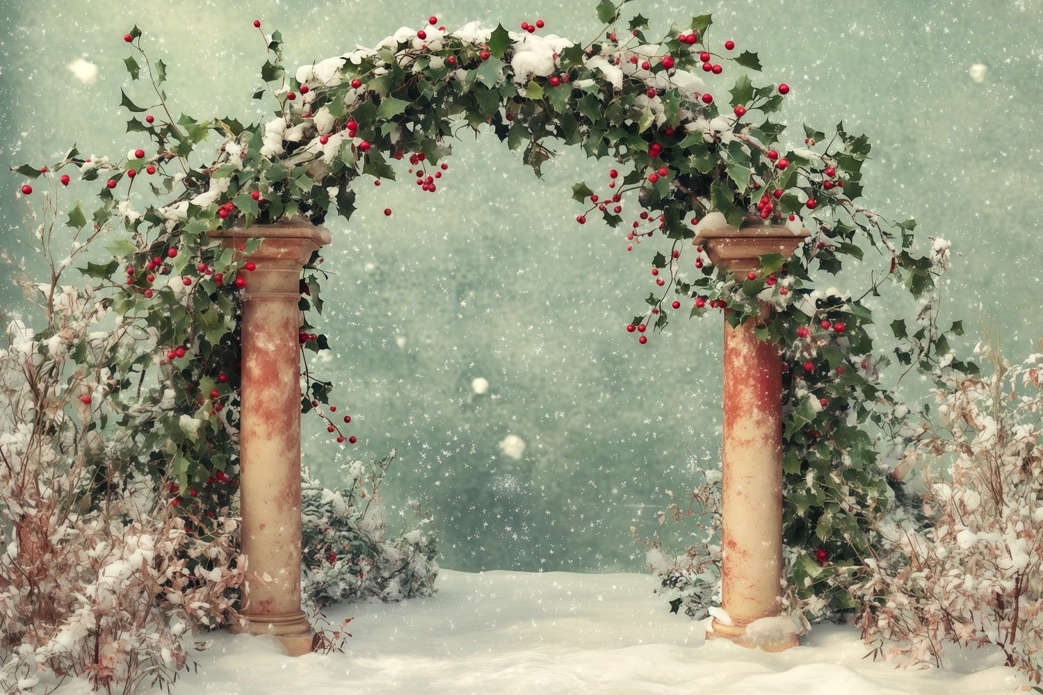 Snowy Christmas Backdrop Winter Snow Holly Archway Backdrop Christmas RR68-65