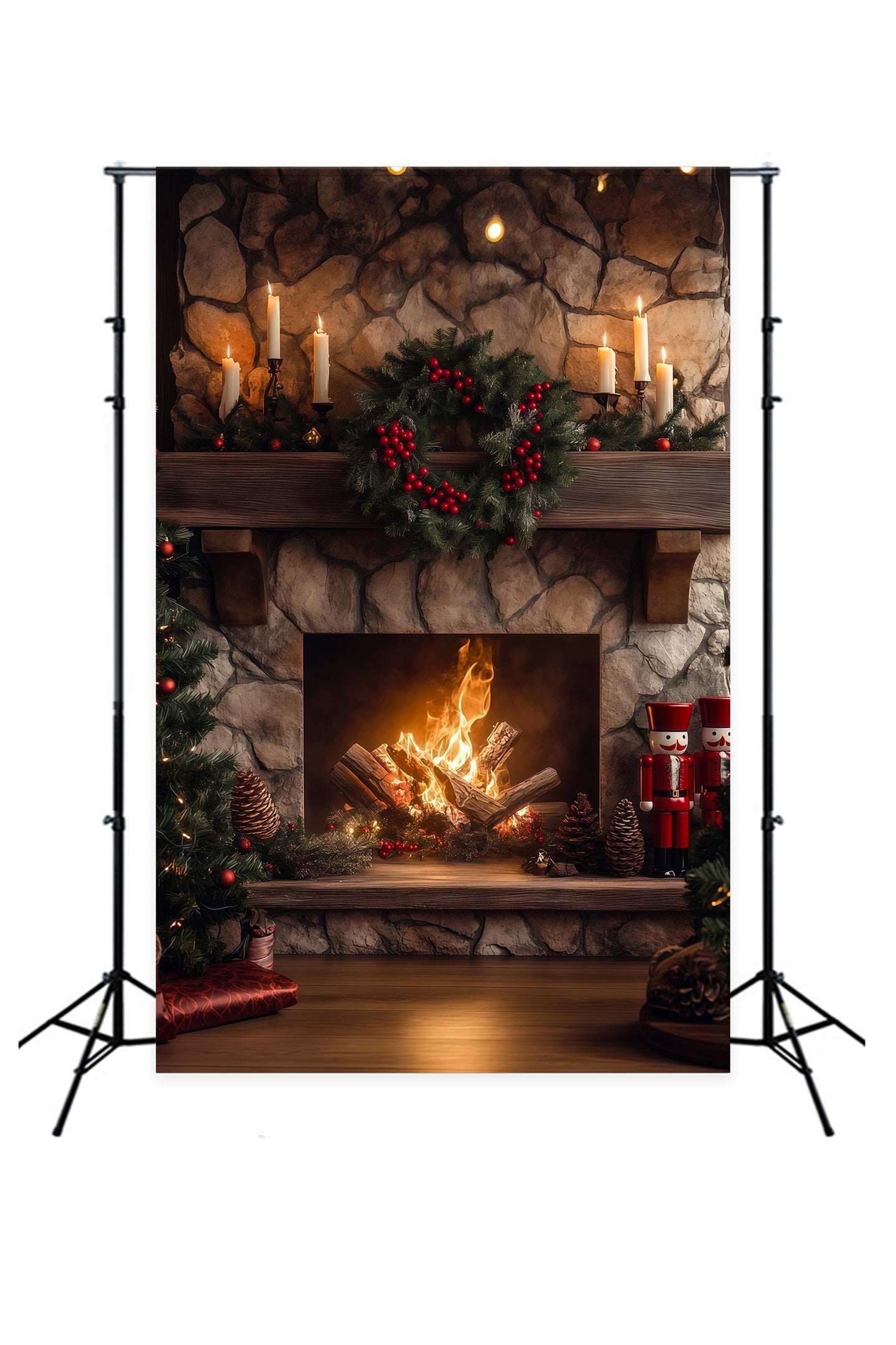 Christmas Fireplace Backdrops Stone Garland Glow Christmas Photography Backdrop RR68-66
