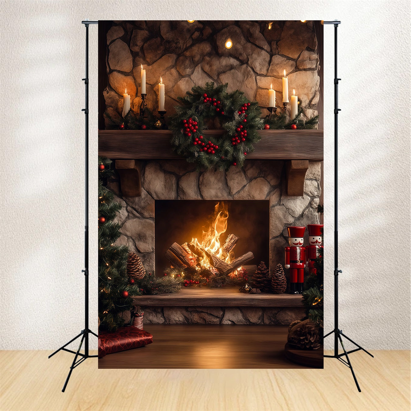 Christmas Fireplace Backdrops Stone Garland Glow Christmas Photography Backdrop RR68-66