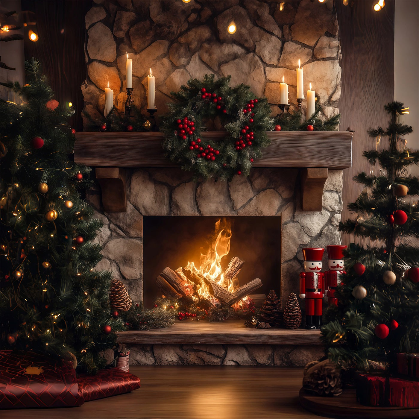 Christmas Fireplace Backdrops Stone Garland Glow Christmas Photography Backdrop RR68-66
