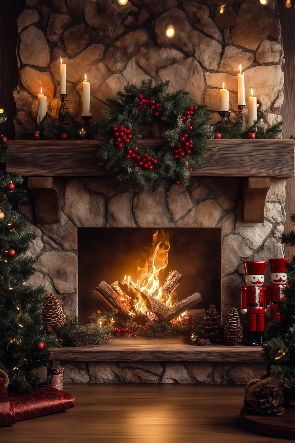 Christmas Fireplace Backdrops Stone Garland Glow Christmas Photography Backdrop RR68-66