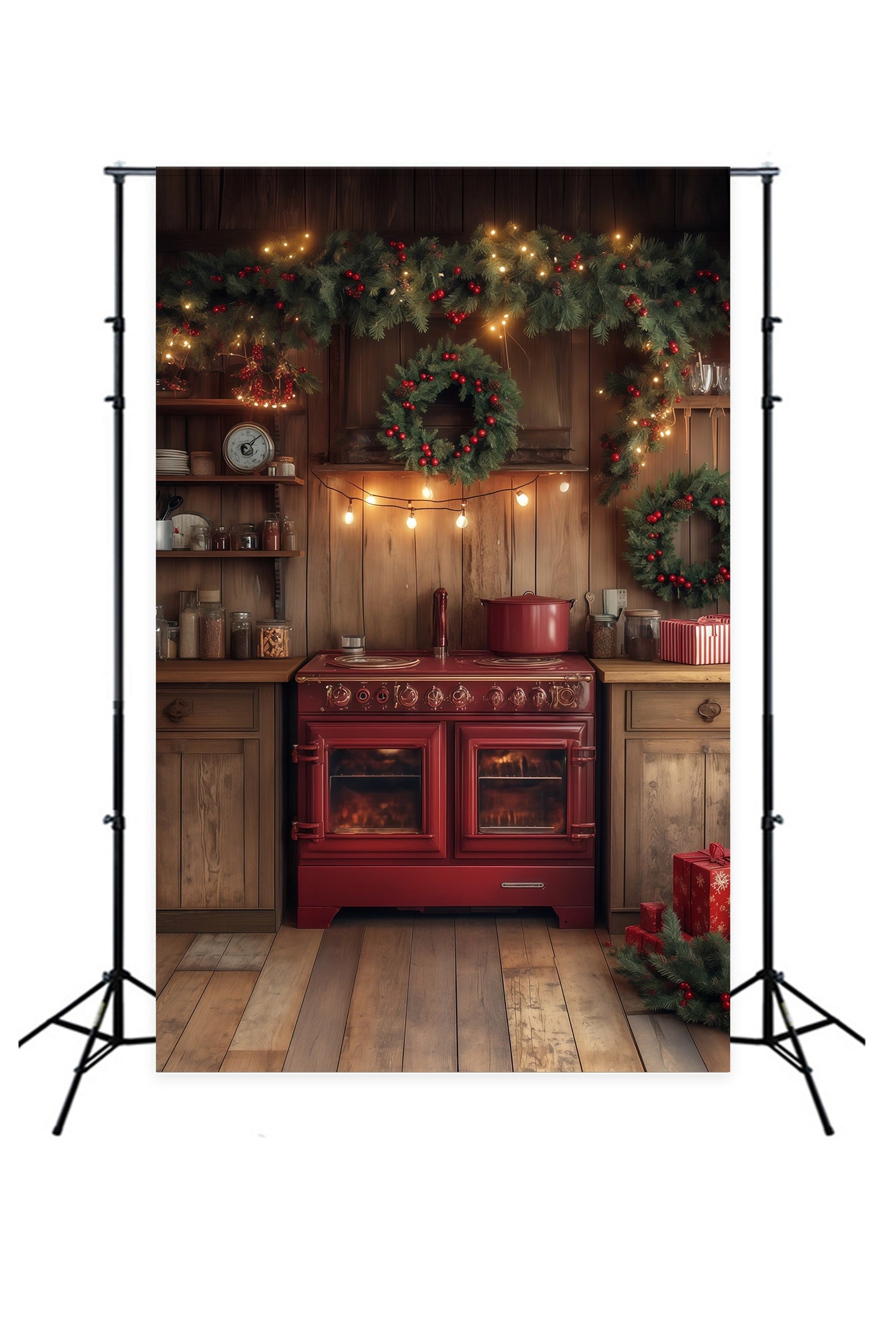 Christmas Kitchen Backdrop Evergreen Garland Decor Christmas Photography Backdrops RR68-68