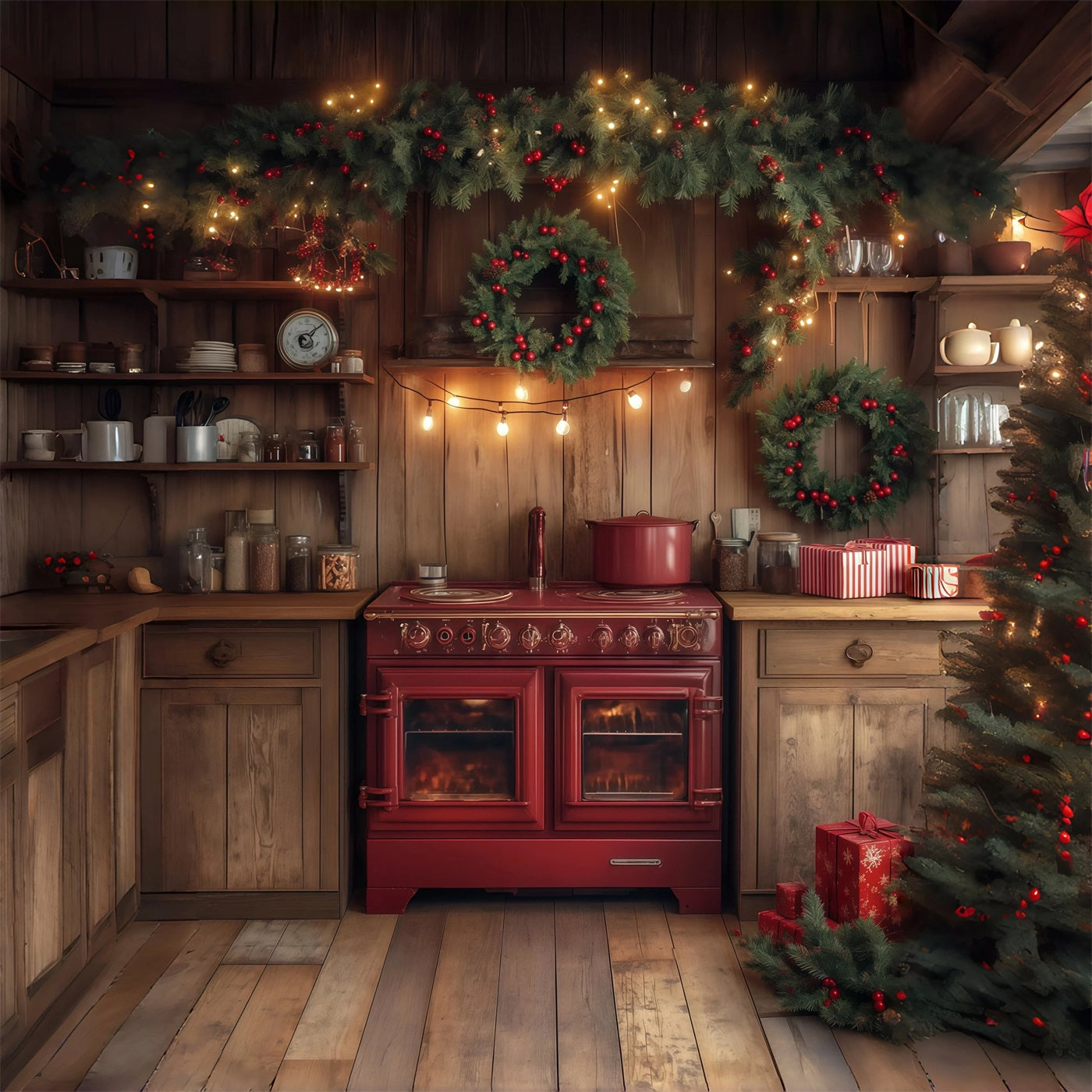 Christmas Kitchen Backdrop Evergreen Garland Decor Christmas Photography Backdrops RR68-68