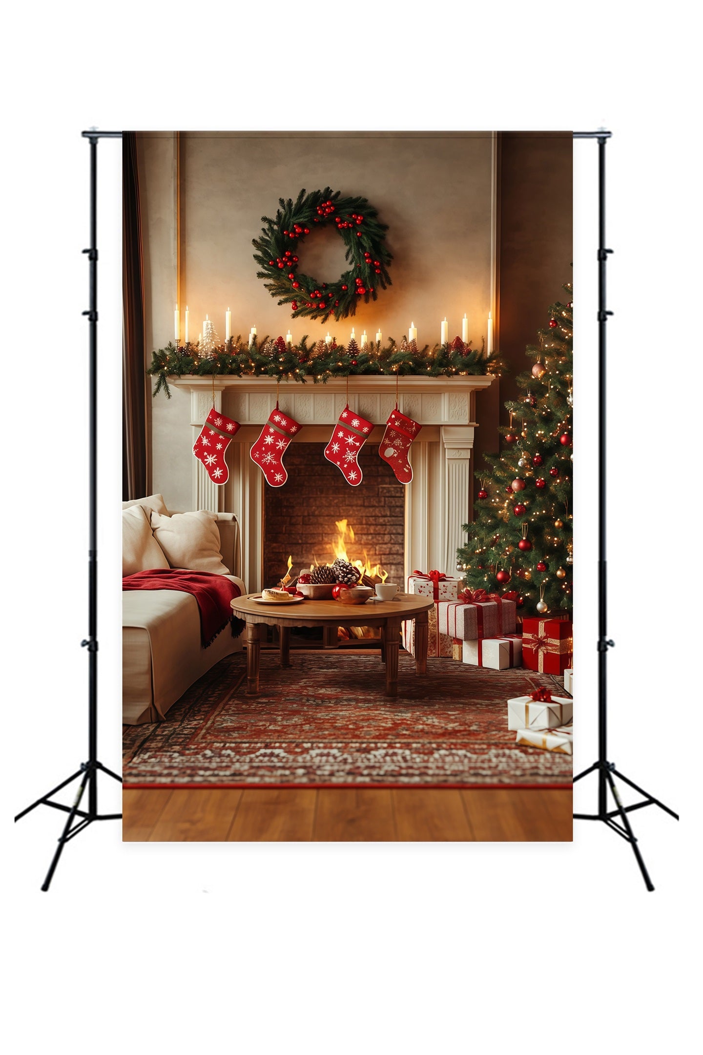 Christmas Living Room Backdrop Cozy Fireplace Stockings Large Christmas Backdrops RR68-70
