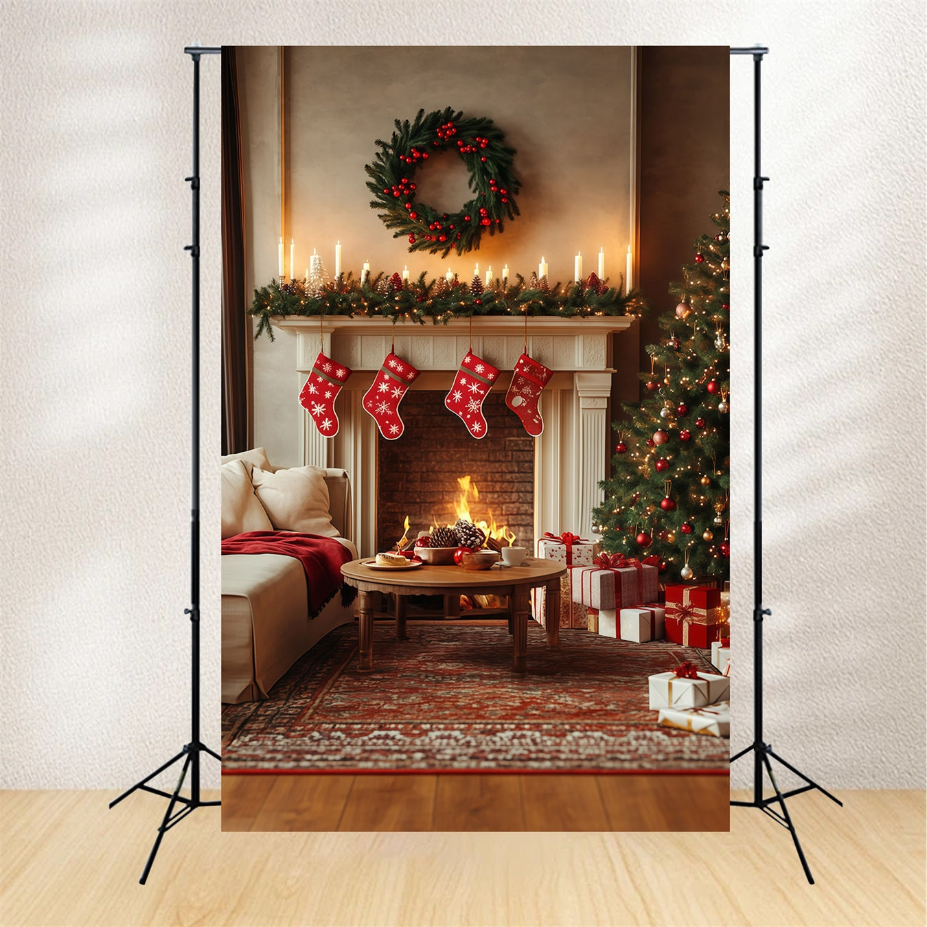 Christmas Living Room Backdrop Cozy Fireplace Stockings Large Christmas Backdrops RR68-70