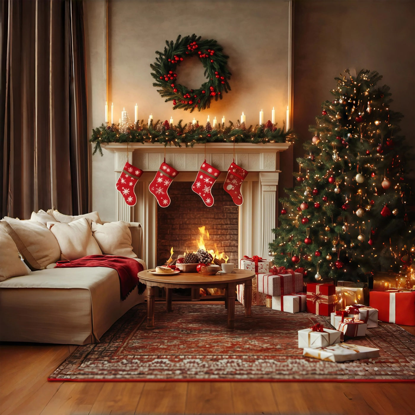 Christmas Living Room Backdrop Cozy Fireplace Stockings Large Christmas Backdrops RR68-70