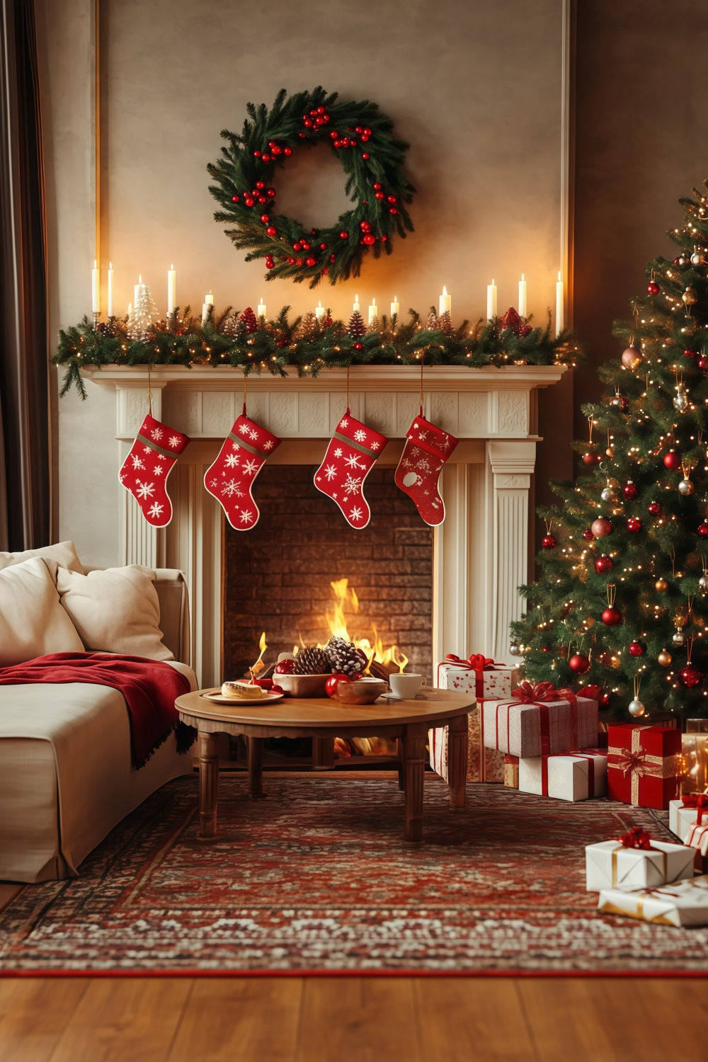 Christmas Living Room Backdrop Cozy Fireplace Stockings Large Christmas Backdrops RR68-70