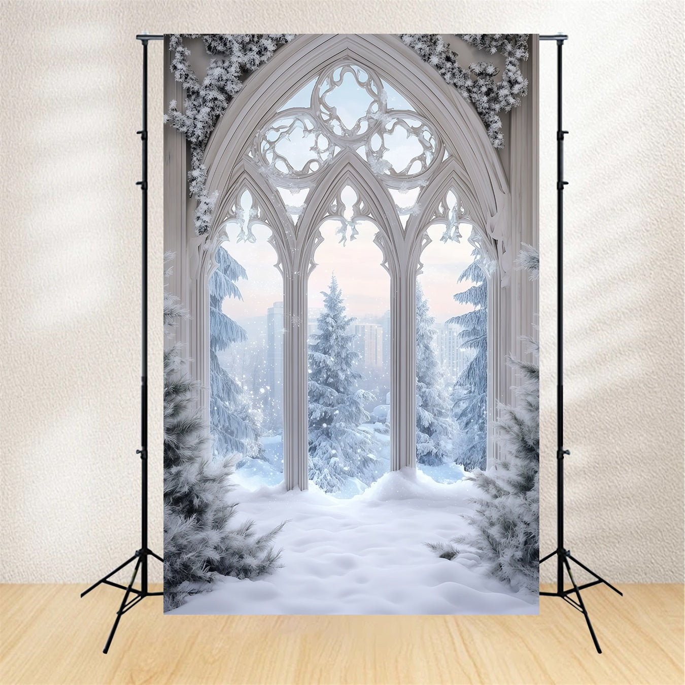Christmas Snow Backdrop Frosted Gothic Window Christmas Photo Backdrop RR68-71