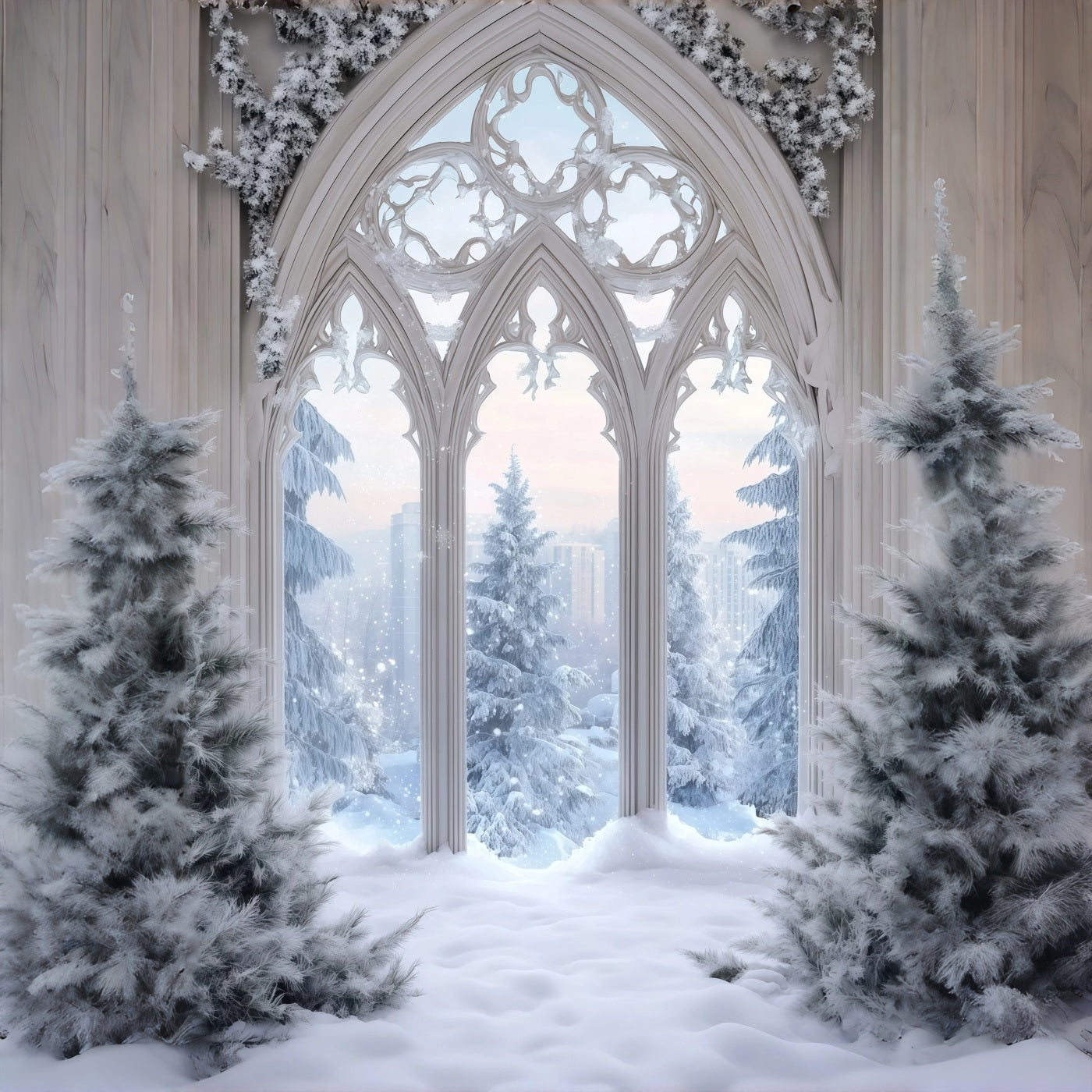 Christmas Snow Backdrop Frosted Gothic Window Christmas Photo Backdrop RR68-71