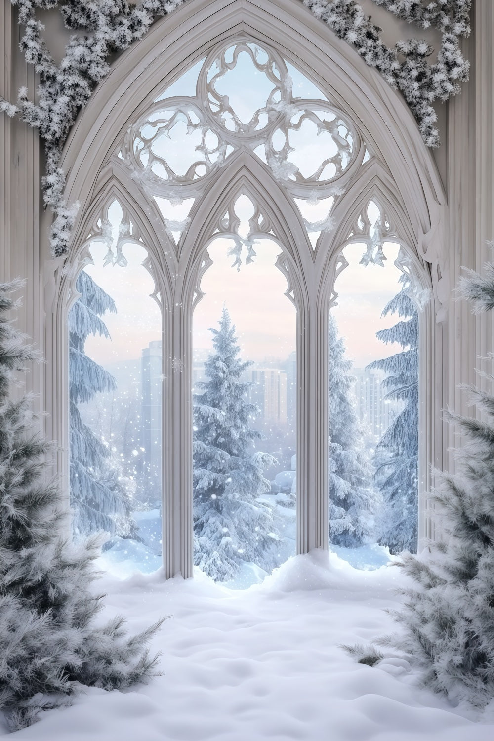 Christmas Snow Backdrop Frosted Gothic Window Christmas Photo Backdrop RR68-71