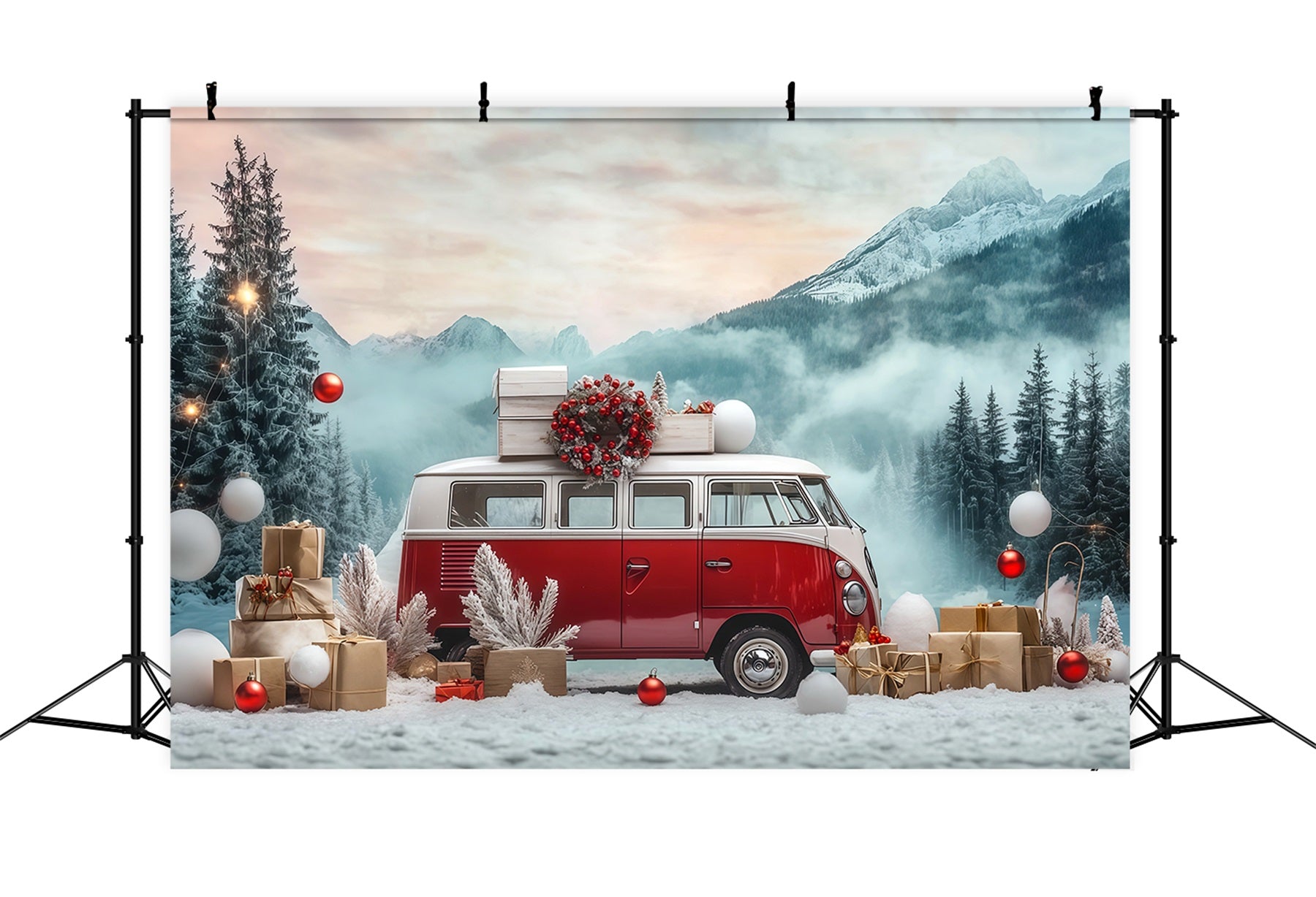 Christmas Truck Backdrop Snowy Vintage Camper Large Christmas Backdrop RR68-73