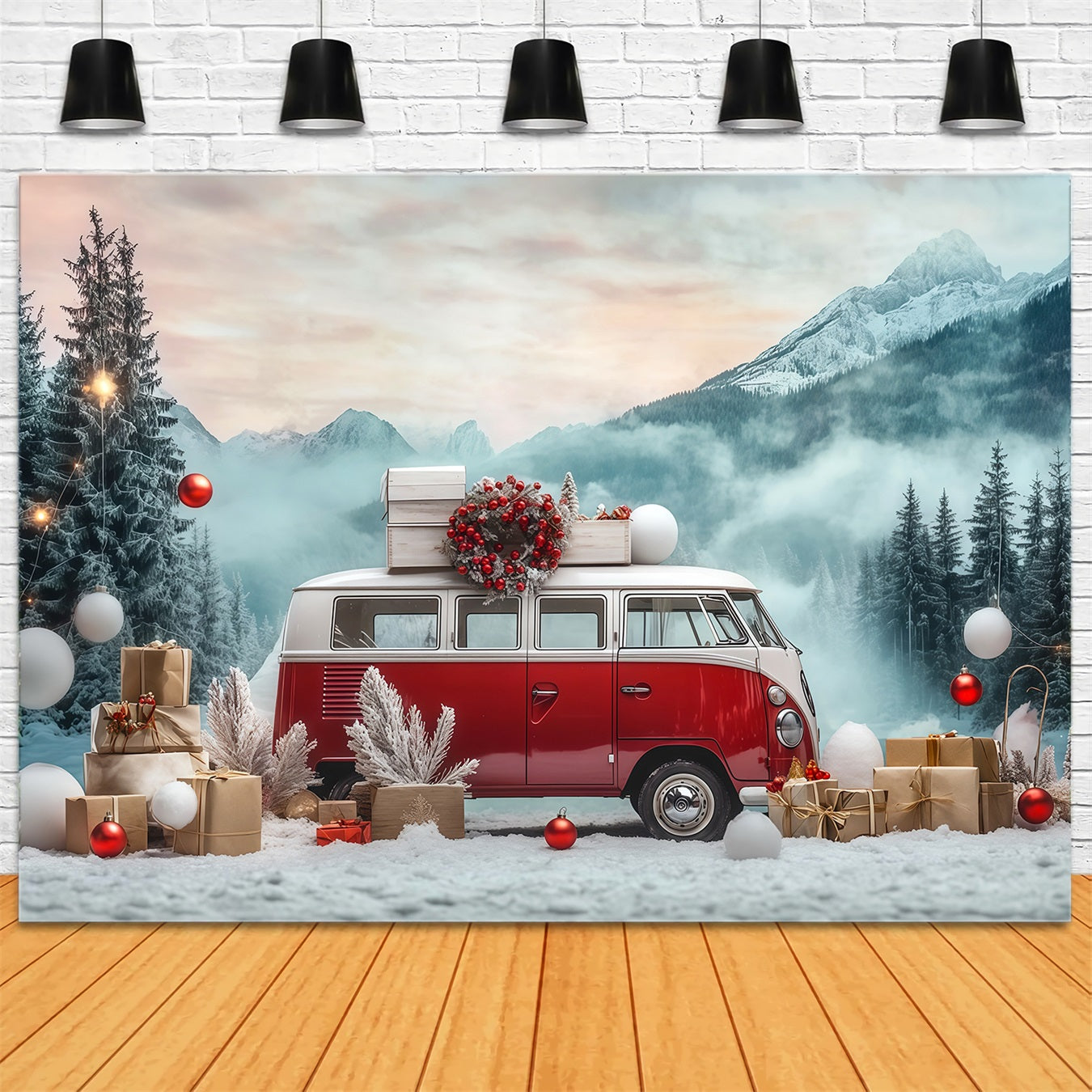 Christmas Truck Backdrop Snowy Vintage Camper Large Christmas Backdrop RR68-73