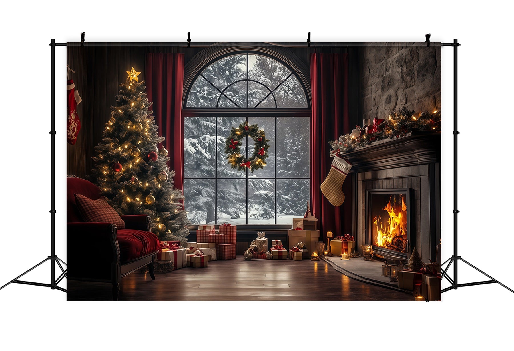 Christmas Window Backdrop Elegant Winter Livingroom Photography Christmas Backdrop RR68-75