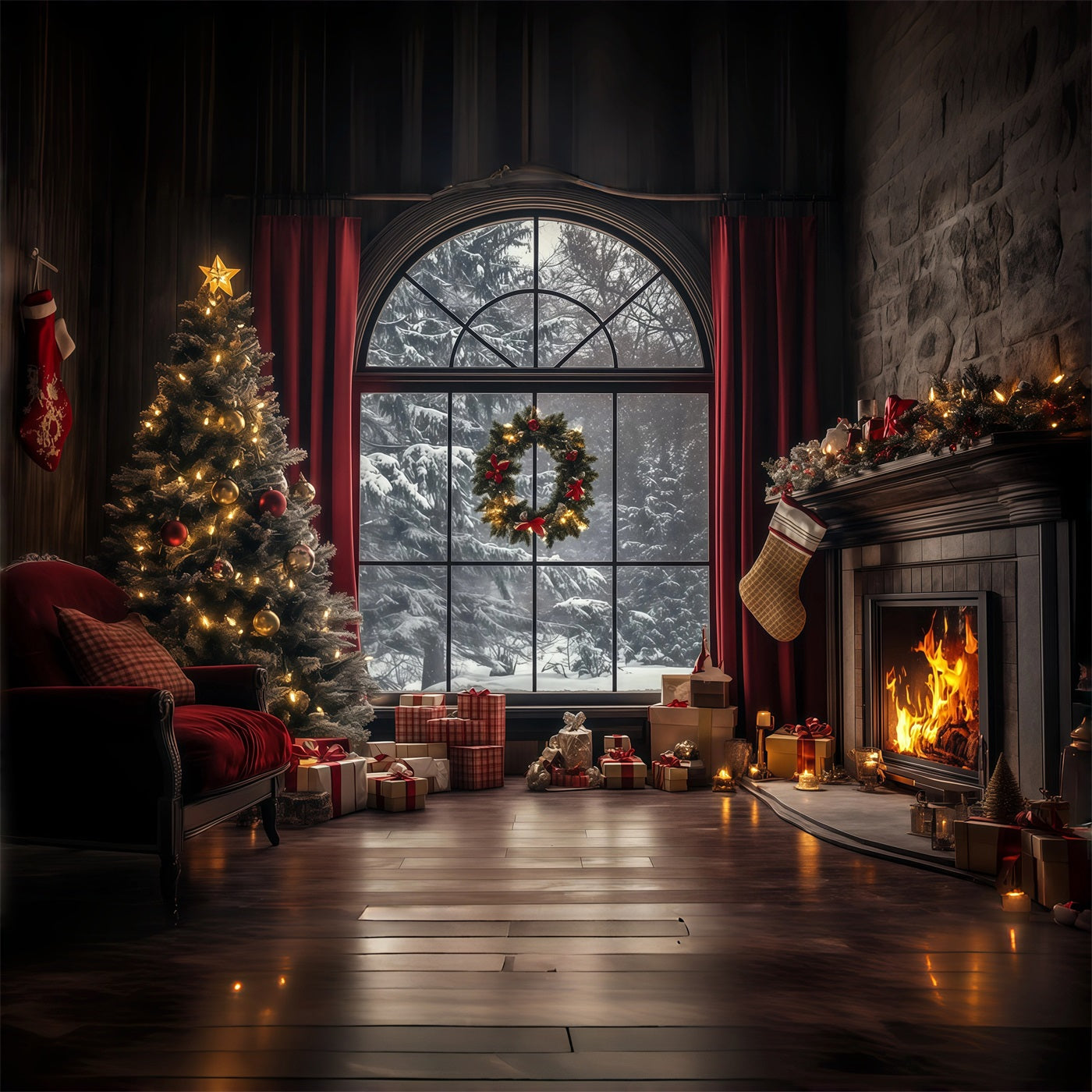 Christmas Window Backdrop Elegant Winter Livingroom Photography Christmas Backdrop RR68-75