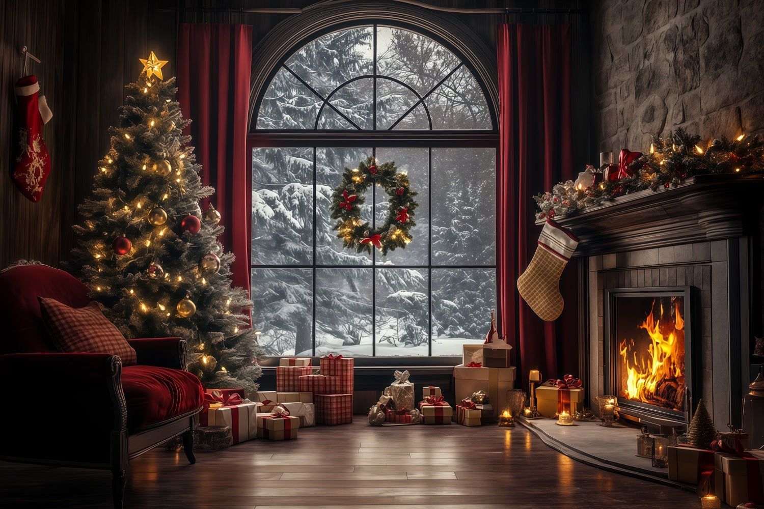 Christmas Window Backdrop Elegant Winter Livingroom Photography Christmas Backdrop RR68-75