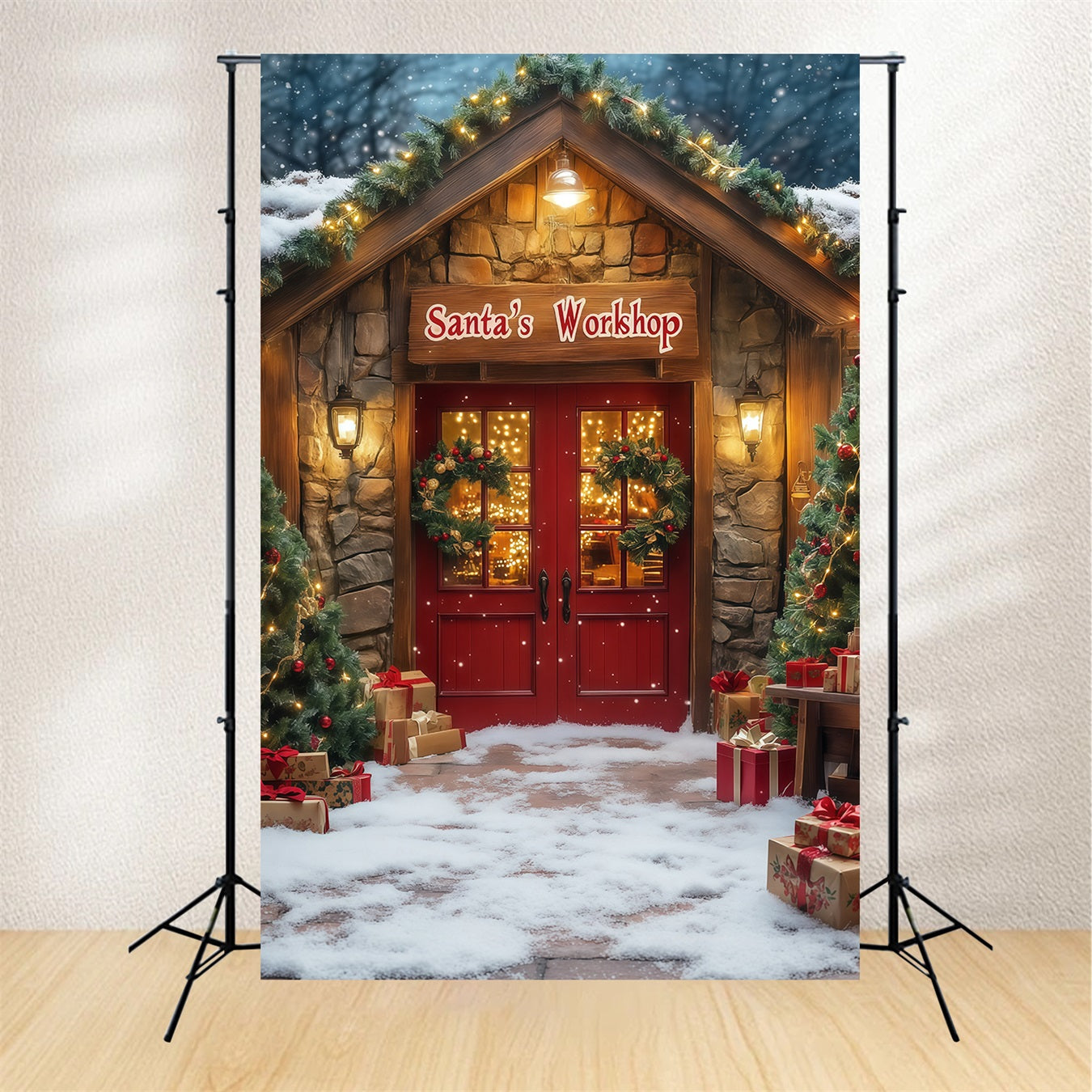 Christmas Shop Backdrop Santa Workshop Entrance Photography Backdrops Christmas RR68-76