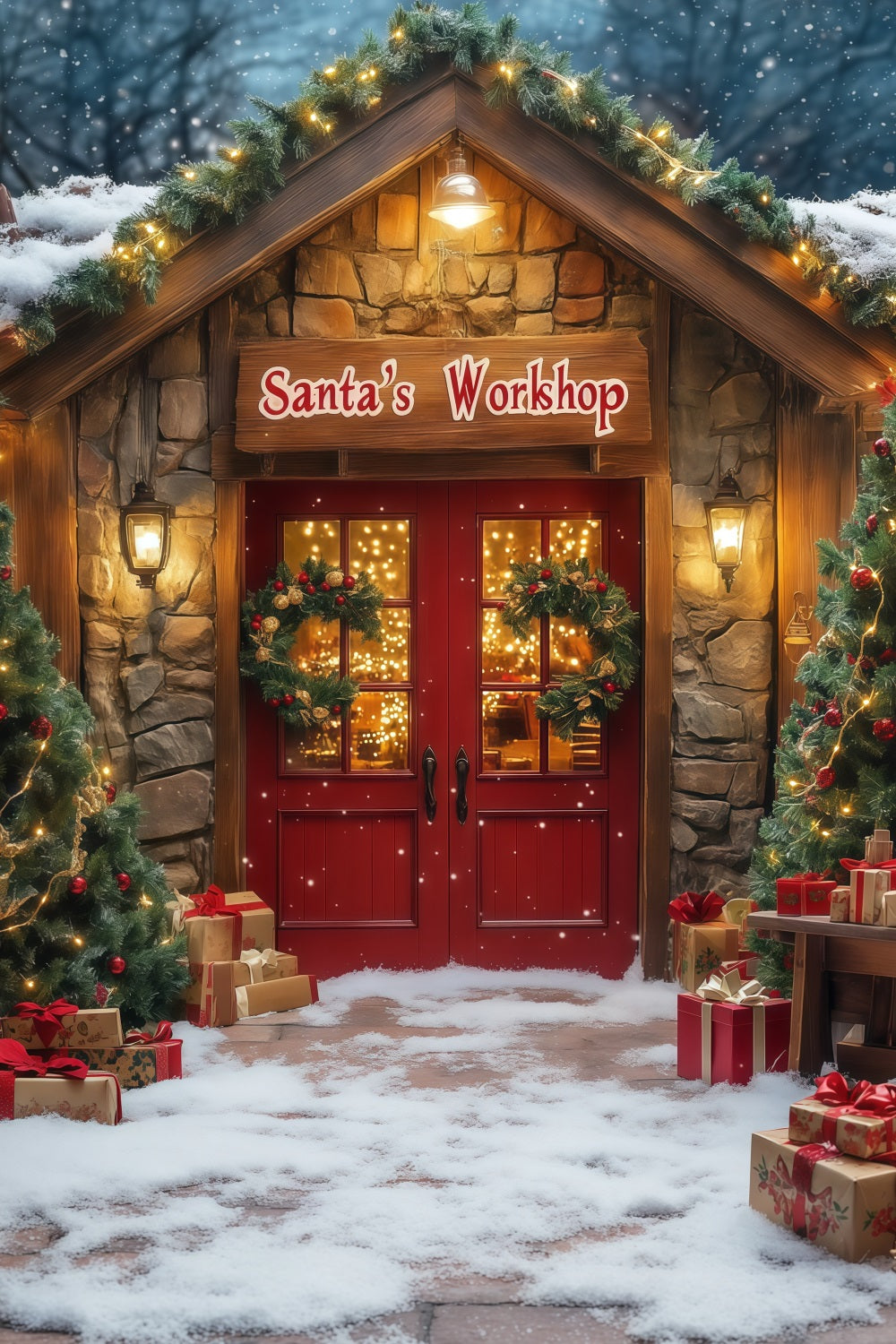 Christmas Shop Backdrop Santa Workshop Entrance Photography Backdrops Christmas RR68-76
