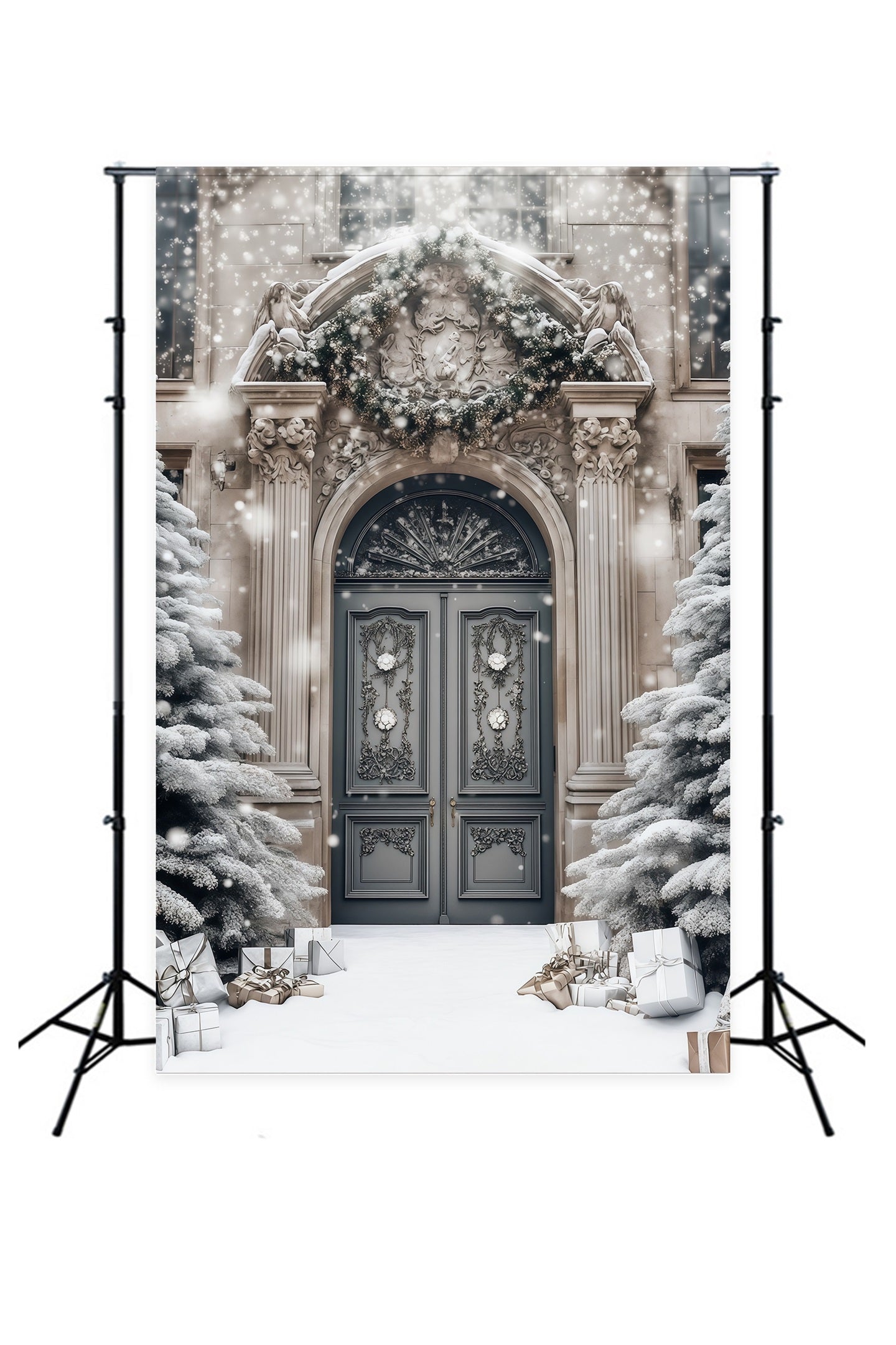 Elegant Christmas Backdrop Snowy Mansion Doorway Photo Backdrops Christmas RR68-77