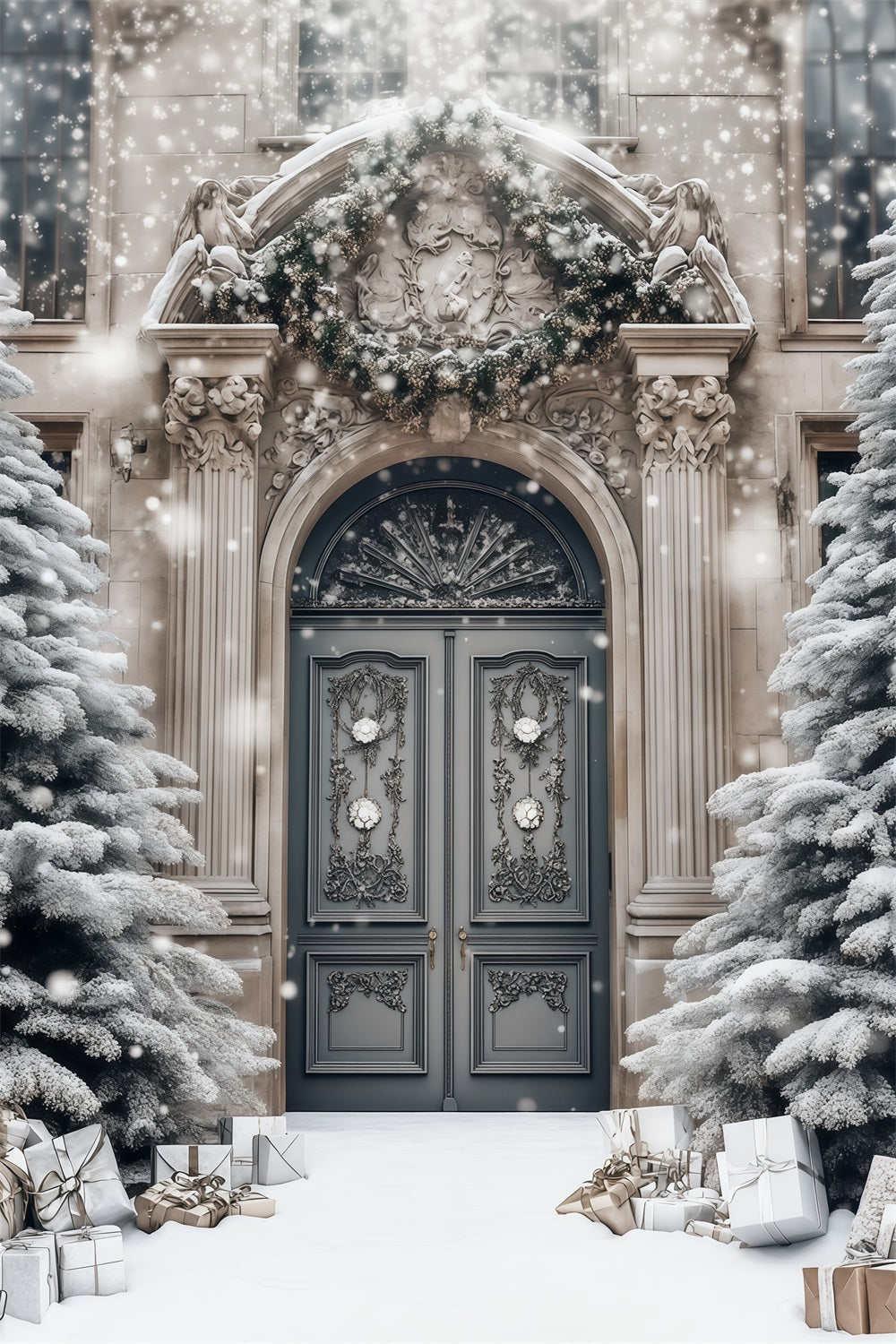 Elegant Christmas Backdrop Snowy Mansion Doorway Photo Backdrops Christmas RR68-77