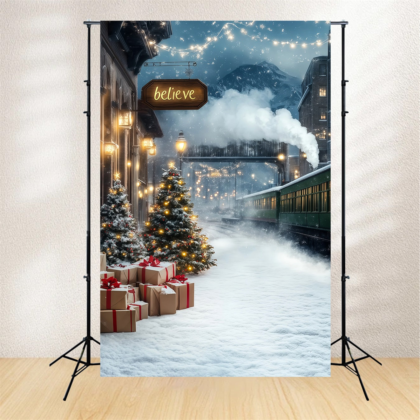 Winter Christmas Backdrop Mountain Train Station Christmas Backdrop Ideas RR68-78