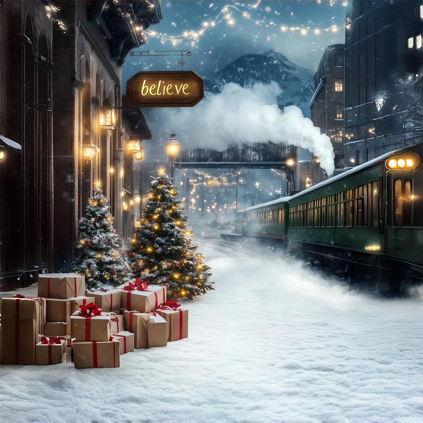 Winter Christmas Backdrop Mountain Train Station Christmas Backdrop Ideas RR68-78