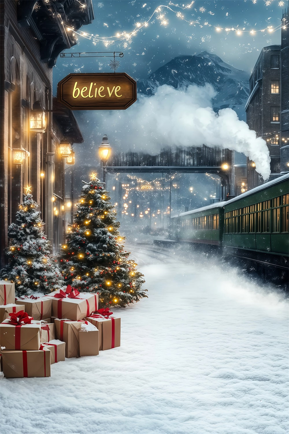 Winter Christmas Backdrop Mountain Train Station Christmas Backdrop Ideas RR68-78