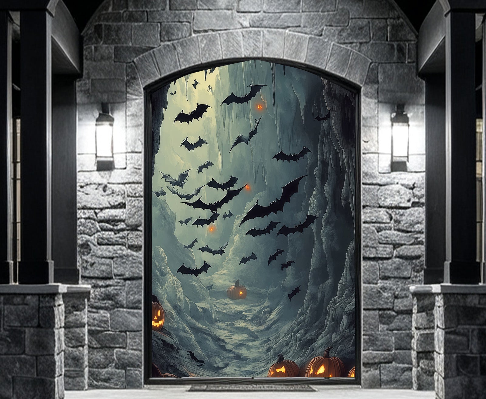 Bat Cave Door Bat Filled Pumpkin Cave Halloween Outdoor Door Cover RR68-8