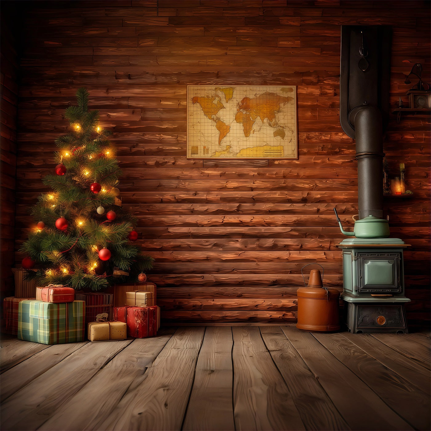 Country Christmas Backdrop Rustic Cabin Interior Photography Backdrop Christmas RR68-80