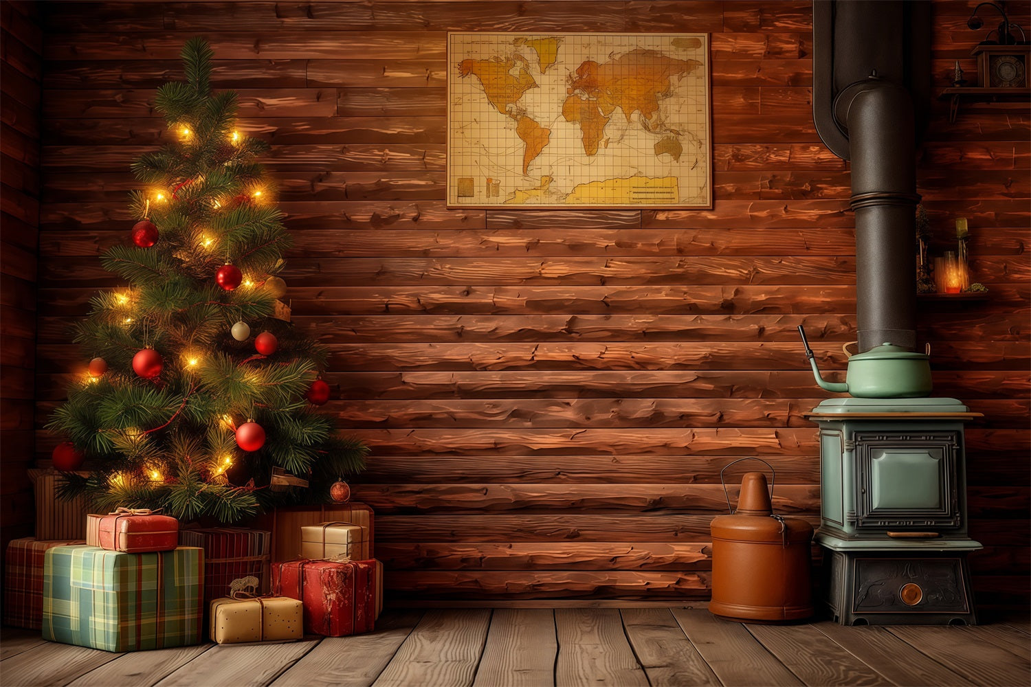 Country Christmas Backdrop Rustic Cabin Interior Photography Backdrop Christmas RR68-80