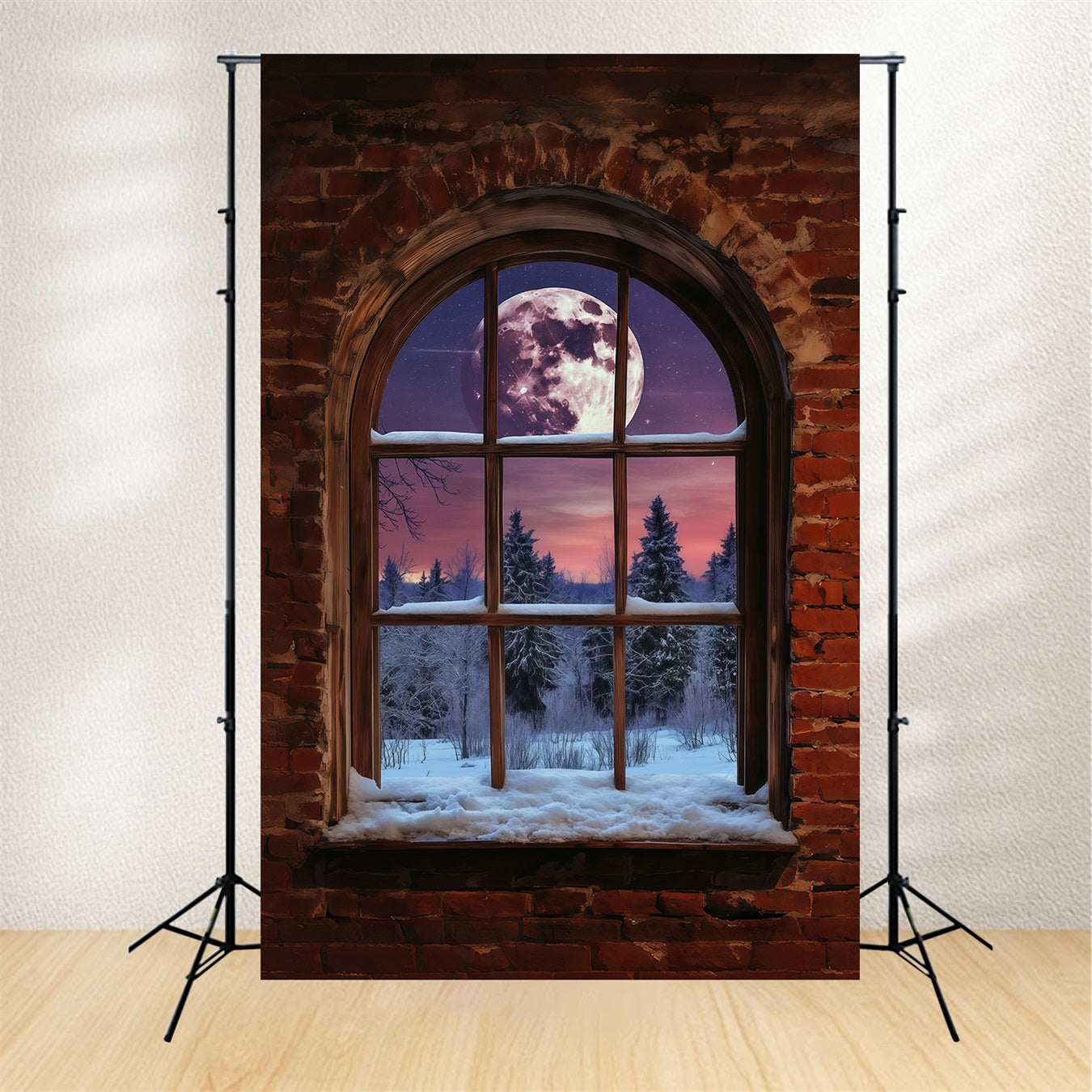 Christmas Village Mountain Backdrop Moonlit Brick Window Indoor Christmas Backdrop RR68-81