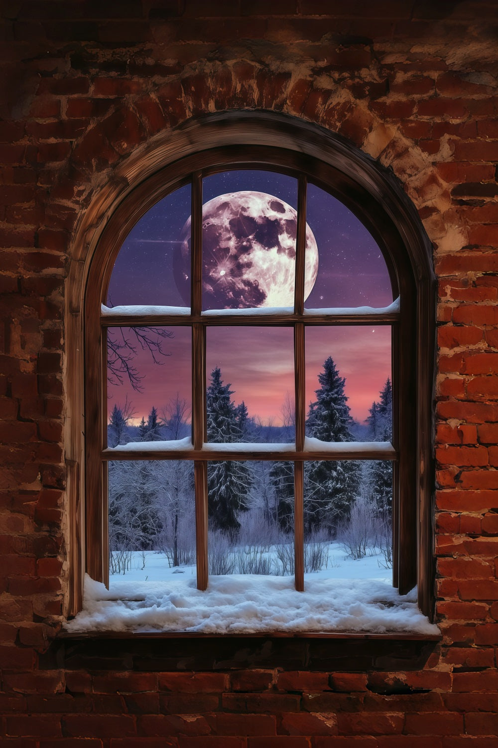 Christmas Village Mountain Backdrop Moonlit Brick Window Indoor Christmas Backdrop RR68-81