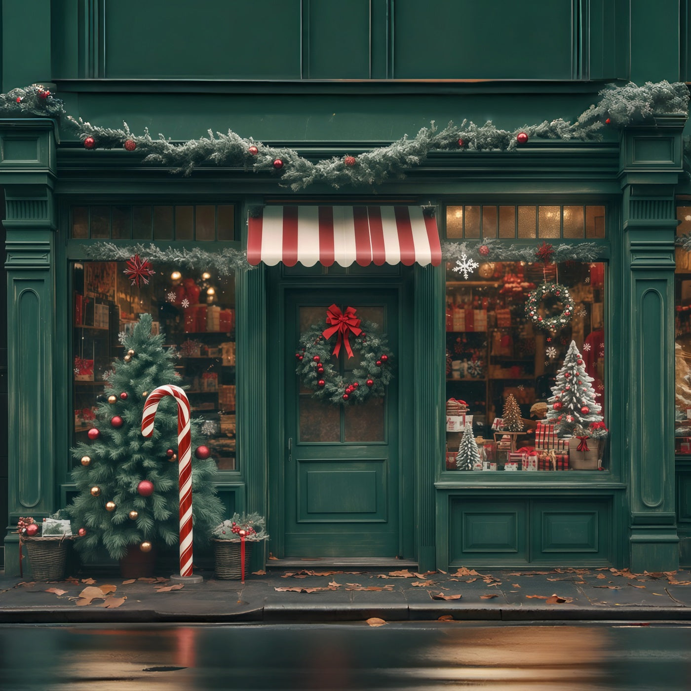 Christmas Shop Backdrop Green Storefront Decor Photo Christmas Backdrop RR68-83