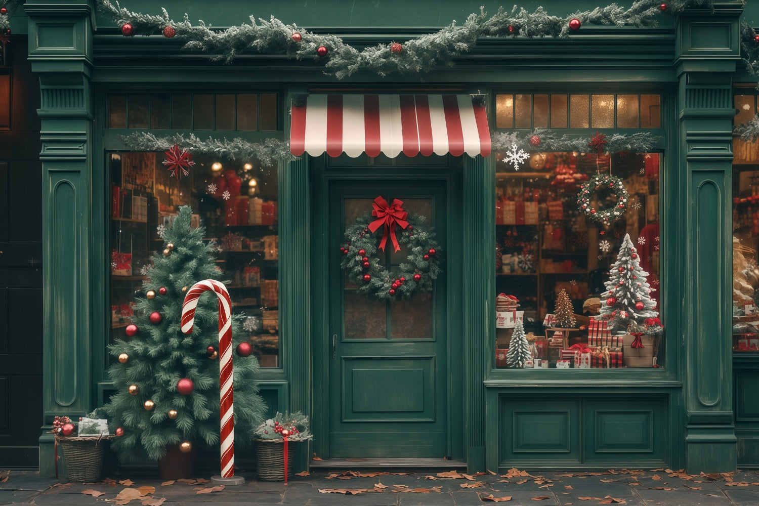 Christmas Shop Backdrop Green Storefront Decor Photo Christmas Backdrop RR68-83