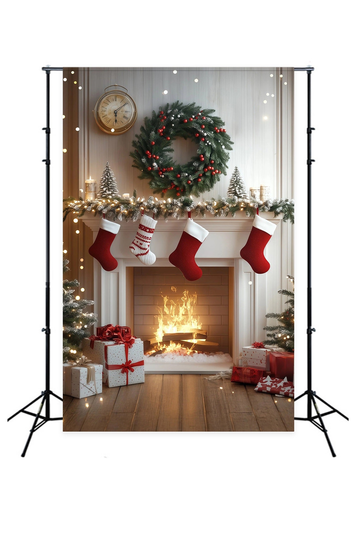 White Christmas Backdrop Cozy Fireplace Stockings Photo Christmas Backdrops RR68-84