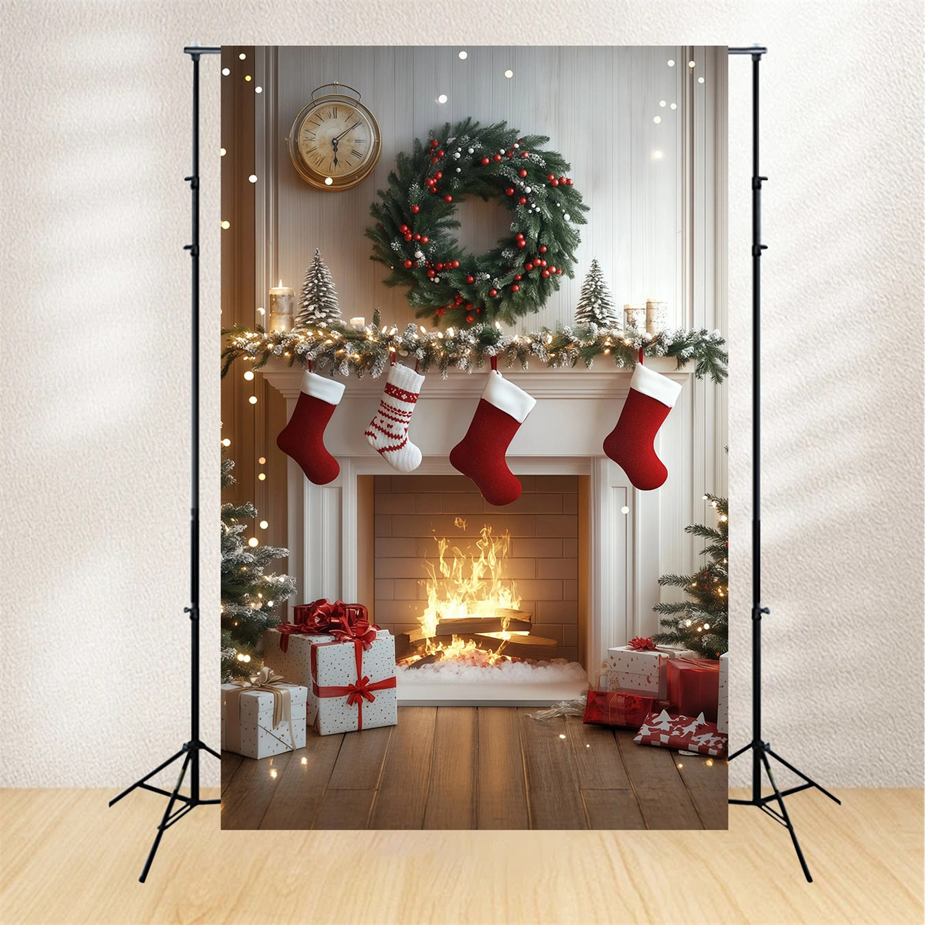 White Christmas Backdrop Cozy Fireplace Stockings Photo Christmas Backdrops RR68-84