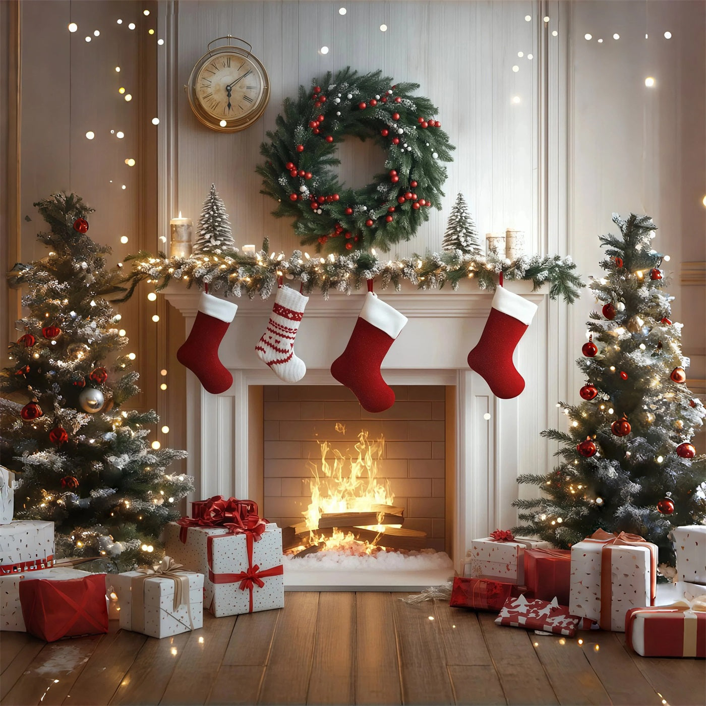White Christmas Backdrop Cozy Fireplace Stockings Photo Christmas Backdrops RR68-84