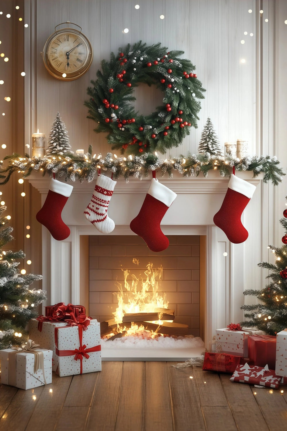 White Christmas Backdrop Cozy Fireplace Stockings Photo Christmas Backdrops RR68-84