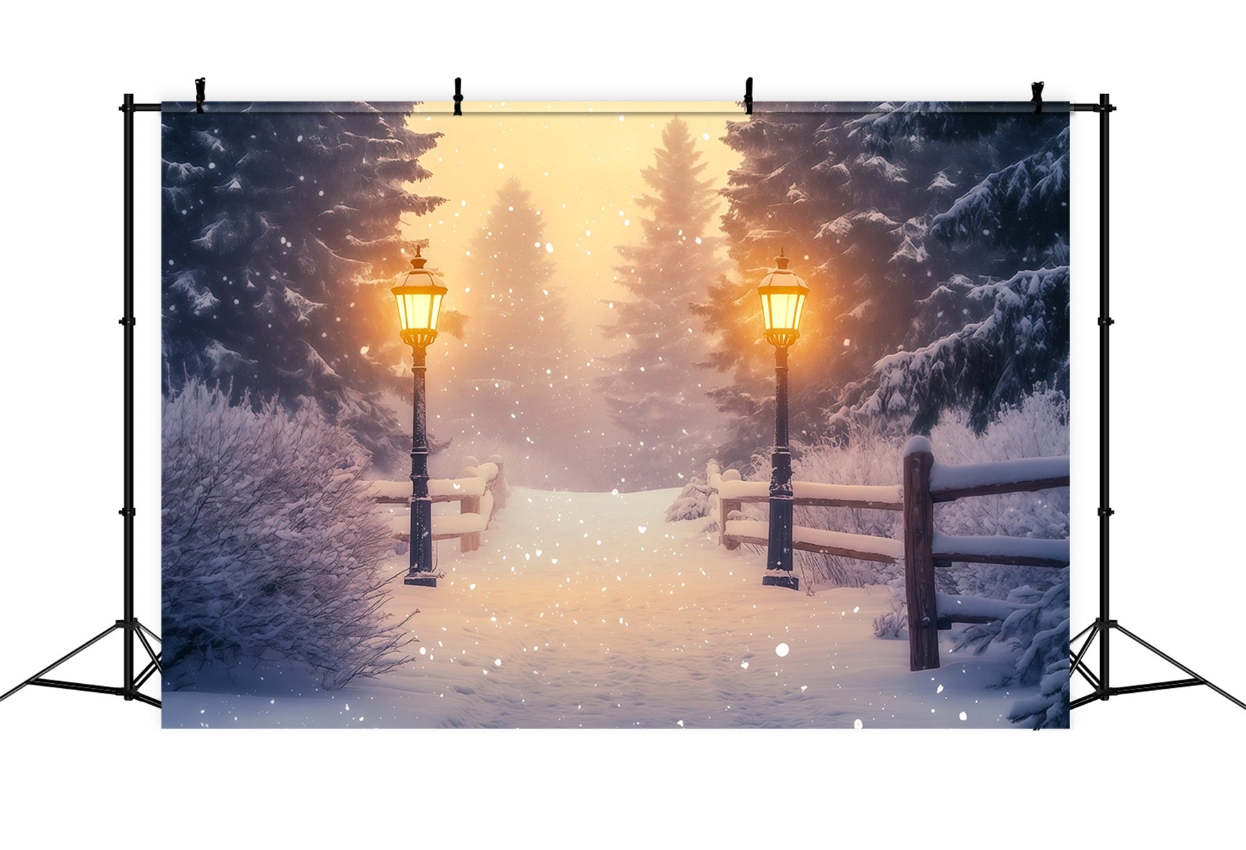 Snowy Christmas Backdrop Wonderland Forest Lantern Path Christmas Studio Backdrops RR68-85